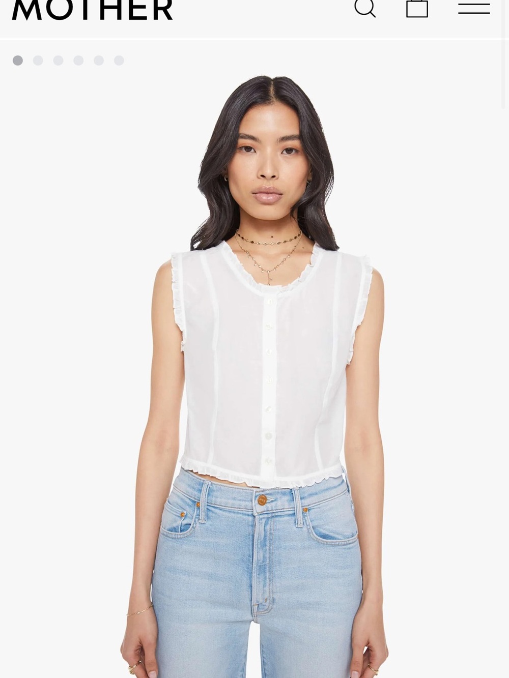 MOTHER White Ruffle-Trim Sleeveless Button Crop Top